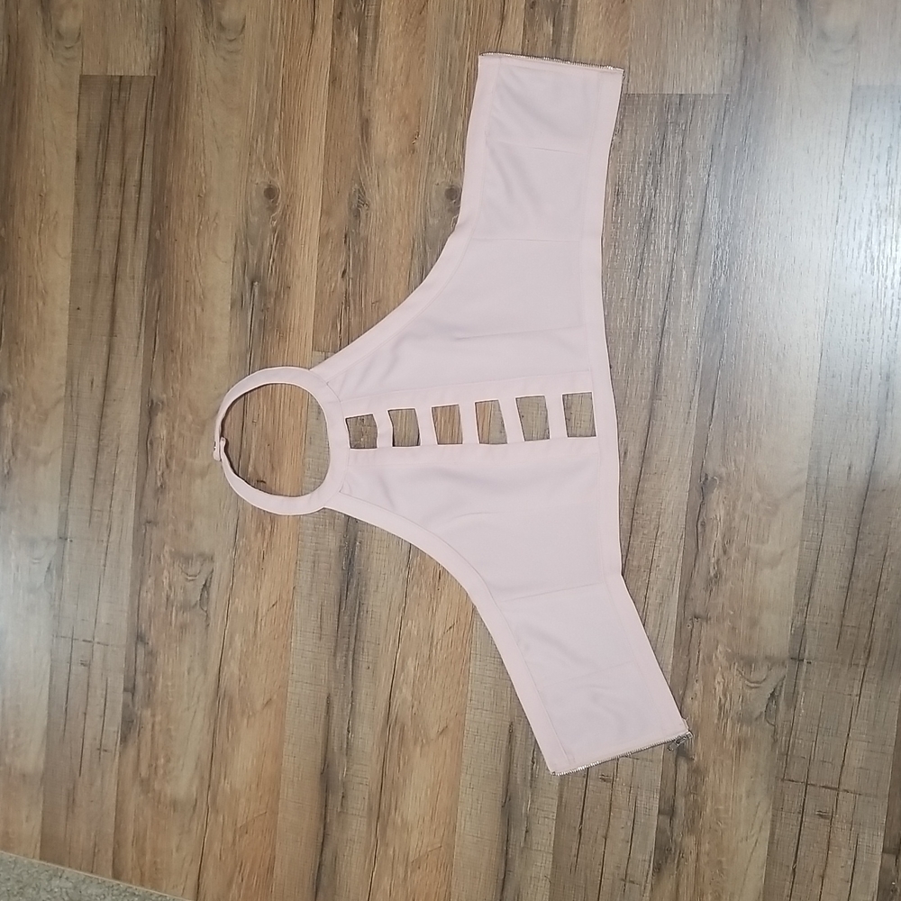 TOBI Baby Pink Halter Crop Top with Cut Outs and exposed back zipper